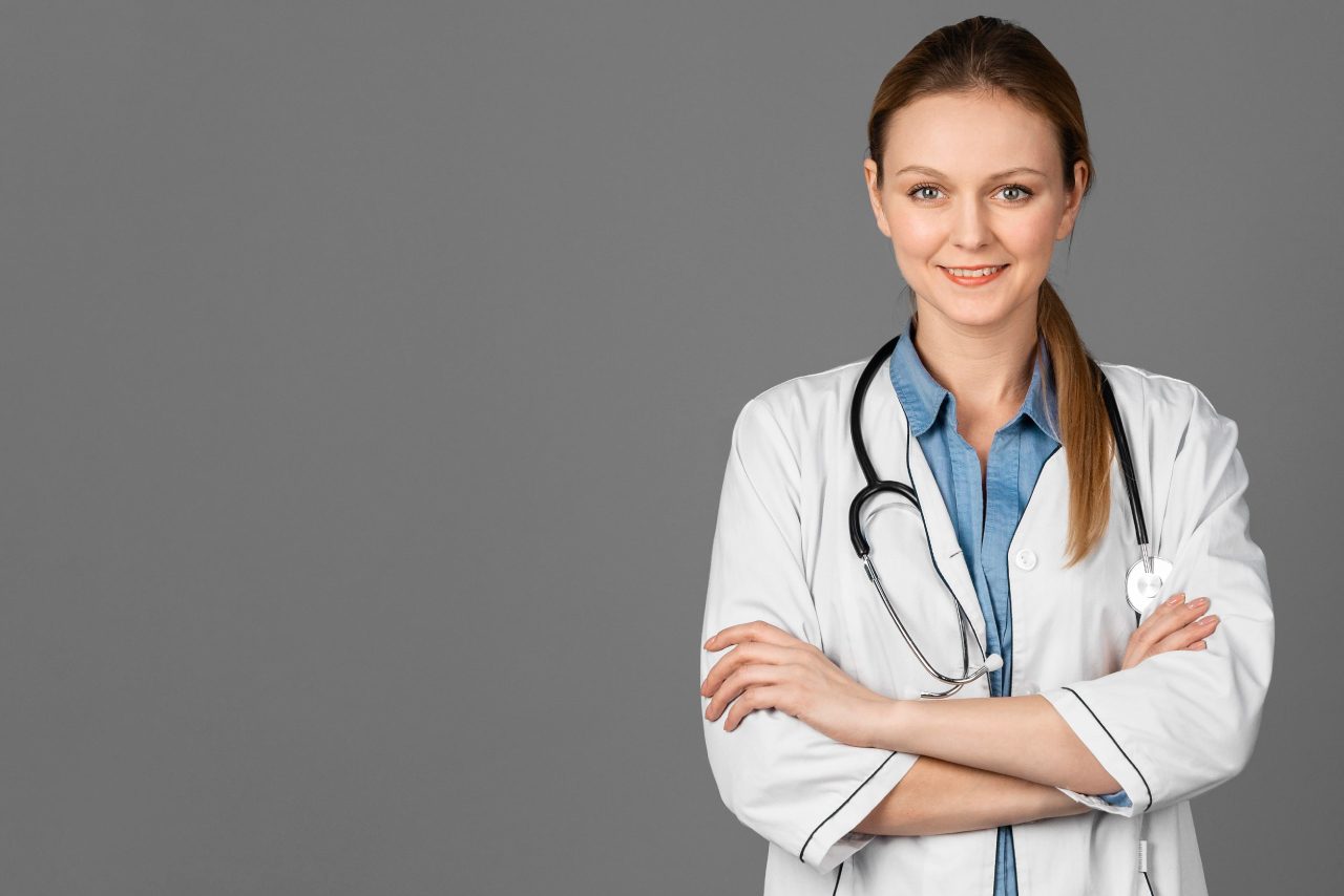 Female doctor with stethoscope representing FRCR Part 2B booking and exam preparation
